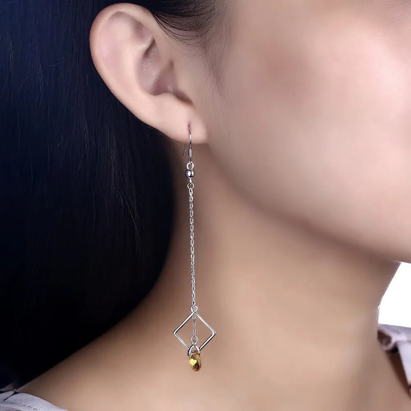 925 Silver Crystal Drop Earrings Square Tassel Dangle Jewelry
