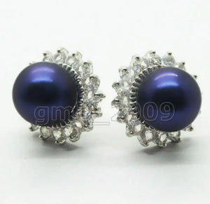 Dark South Sea Shell Pearl Crystal 925 Silver Earrings
