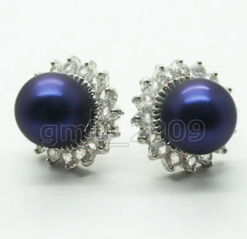 Dark South Sea Shell Pearl Crystal 925 Silver Earrings