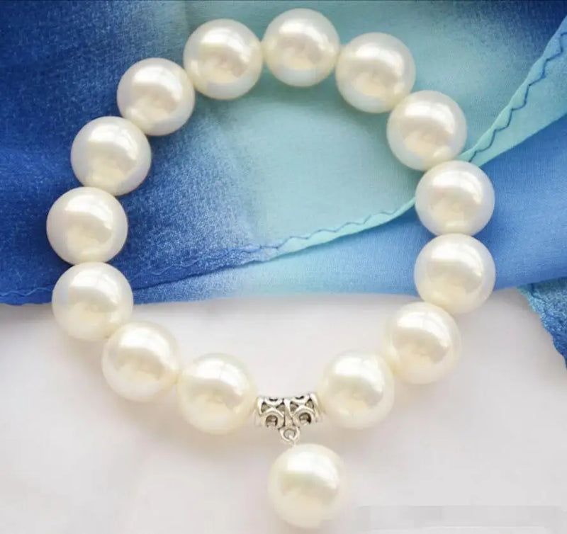 14mm SOUTH SEA SHELL PEARL Stretch BRACELET PENDANT 8inch
