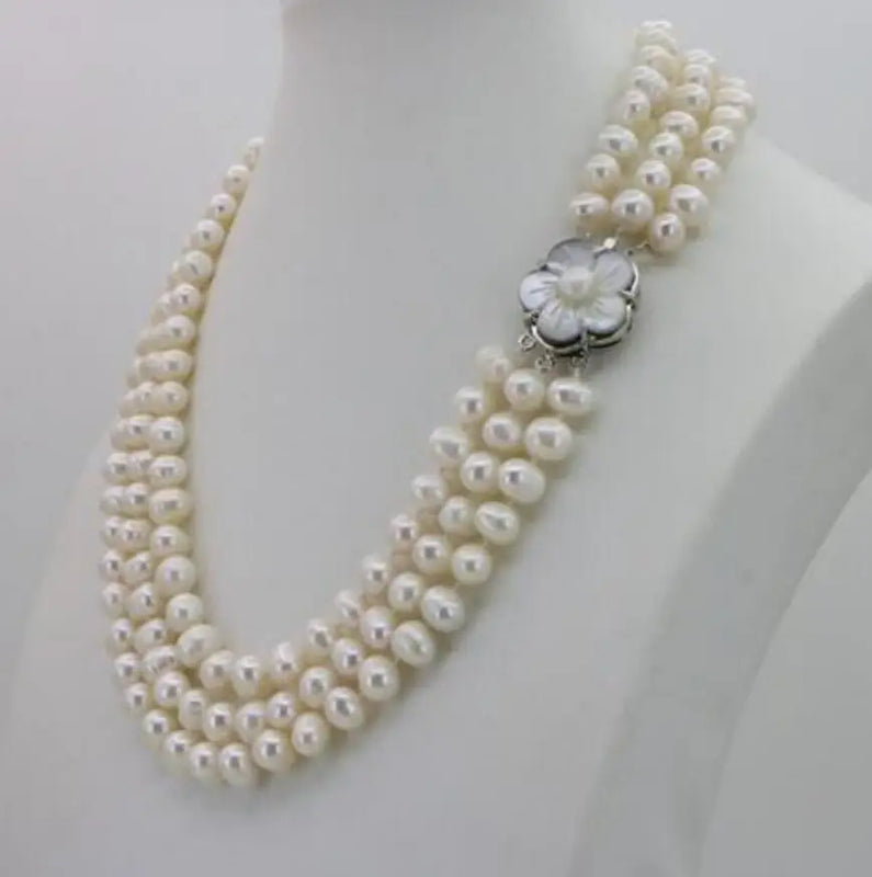 3 Row 7-8mm Freshwater Pearl Necklace Chain Floral Buttons Jewelery