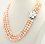 3 Row 7-8mm Freshwater Pearl Necklace Chain Floral Buttons Jewelery
