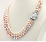 3 Row 7-8mm Freshwater Pearl Necklace Chain Floral Buttons Jewelery
