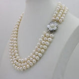 3 Row 7-8mm Freshwater Pearl Necklace Chain Floral Buttons Jewelery