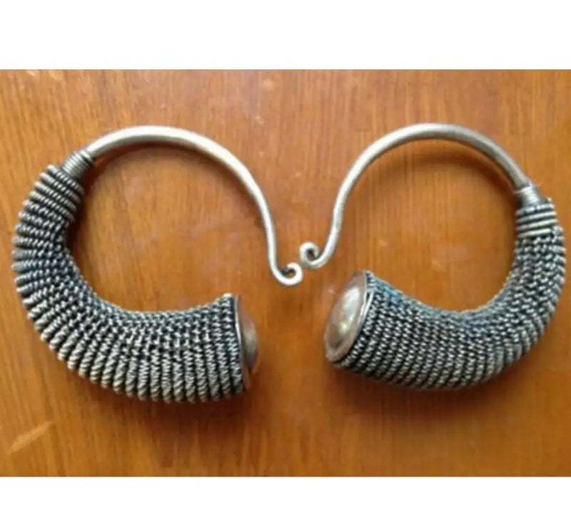 Tibet Tribal Jewelry Miao Silver Hollow Earrings - Pair