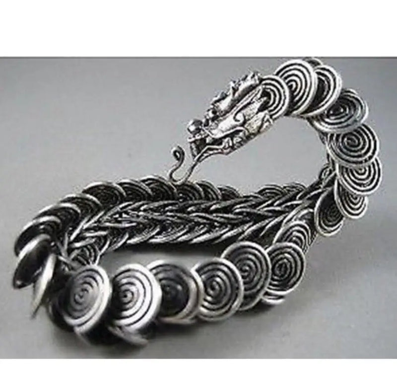 Chinese Tibet silver dragon Head Men bracelet