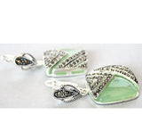 925 Silver Hook Green Jade Marcasite Square Earrings