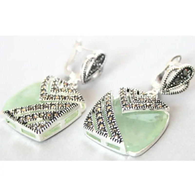 925 Silver Hook Green Jade Marcasite Square Earrings