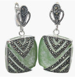 925 Silver Hook Green Jade Marcasite Square Earrings