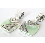 925 Silver Hook Green Jade Marcasite Square Earrings
