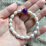 Natural Freshwater Rice Pearl & Purple Jade Bracelet 7.5''