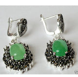 Green Quartzite Stone Silver Marcasite Dangle Earrings