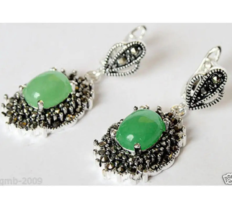 Green Quartzite Stone Silver Marcasite Dangle Earrings