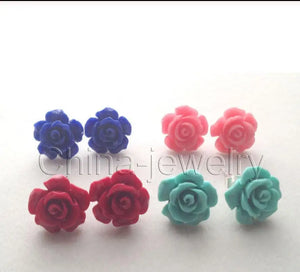 12mm Lapis Lazuli & Coral Flower Earrings - Silver
