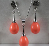 Orange Water Drop Shell Pearl Pendant & Fu Lucky Earring Jewelry Set