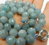 Natural 10mm Faceted Round Aquamarine Gemstone Beads Necklace