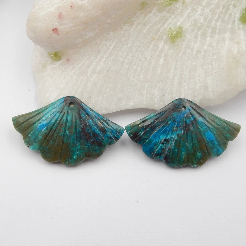 Chrysocolla Leaf Carved Earrings, Natural Gemstone Bead