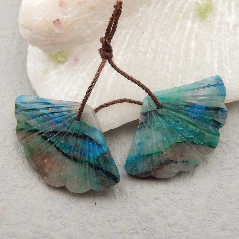 Chrysocolla Leaf Carved Earrings, Gemstone Bead