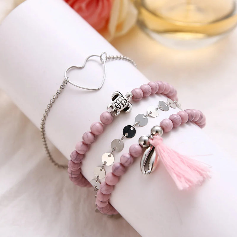 Love Alphabet Tassel Turtle Bracelet Set - 4 Pieces