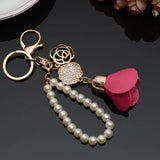 Leather Tassel Pendant Key Chain with Rose Crystal Camellia Car Bag Pendant