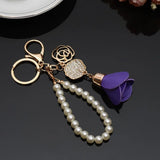 Leather Tassel Pendant Key Chain with Rose Crystal Camellia Car Bag Pendant