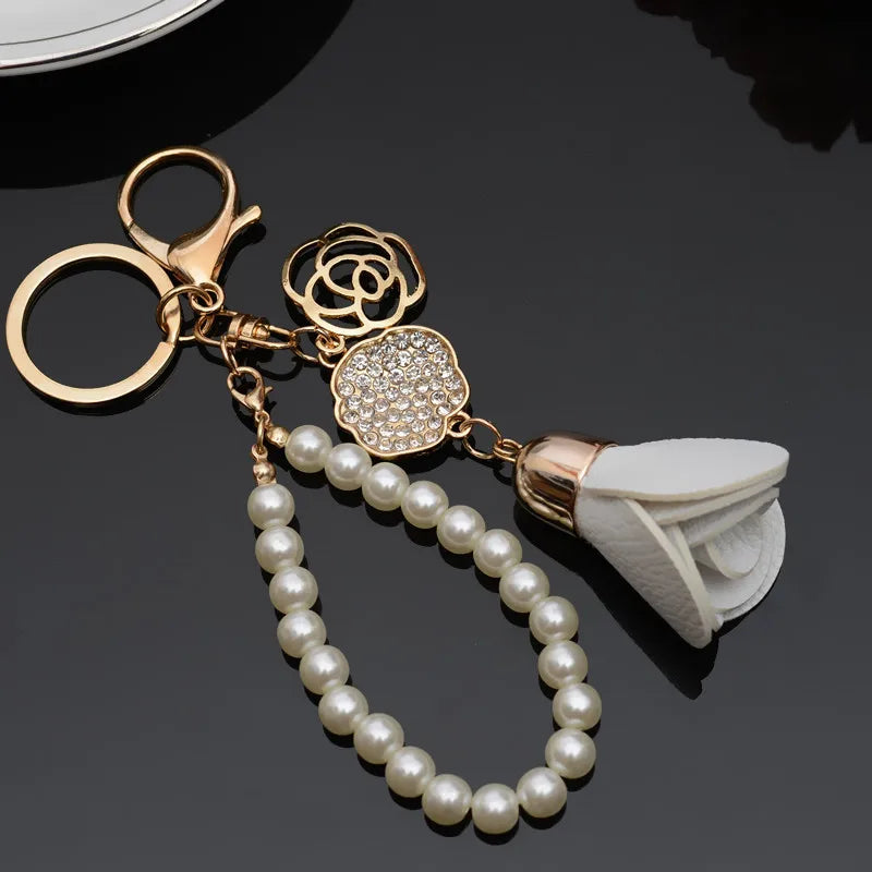 Leather Tassel Pendant Key Chain with Rose Crystal Camellia Car Bag Pendant