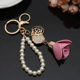 Leather Tassel Pendant Key Chain with Rose Crystal Camellia Car Bag Pendant