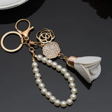 Leather Tassel Pendant Key Chain with Rose Crystal Camellia Car Bag Pendant