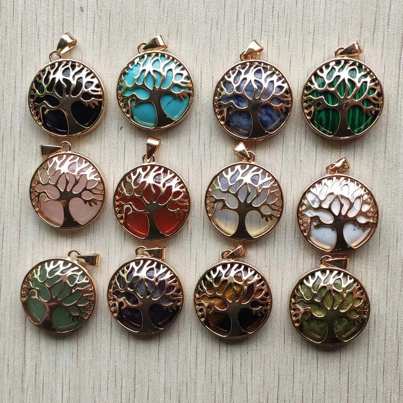 12pcs Natural Stone Alloy Tree of Life Pendants for Jewelry Accessories