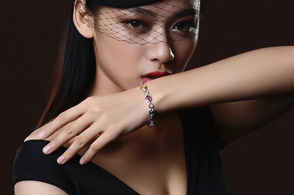 Multicolor Crystal Zircon Diamond Chain Bracelet Silver Jewelry