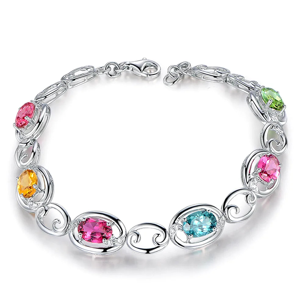 Multicolor Crystal Zircon Diamond Chain Bracelet Silver Jewelry