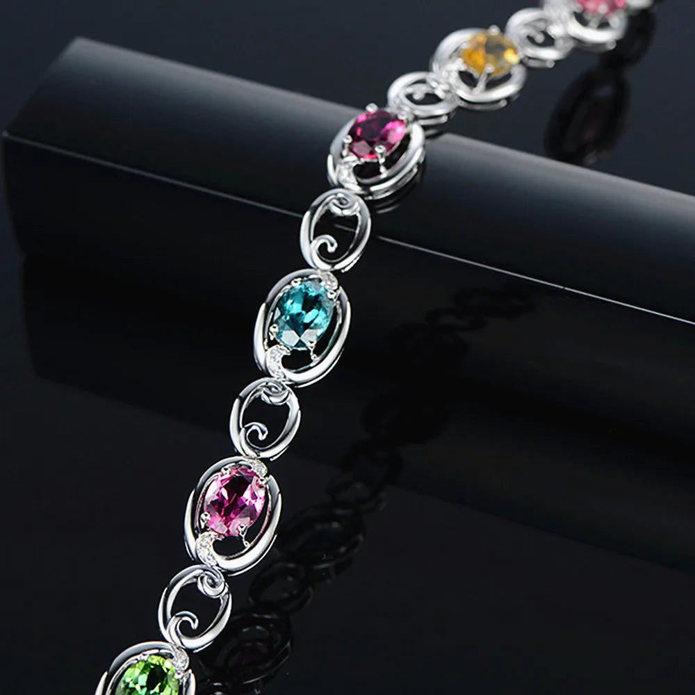 Multicolor Crystal Zircon Diamond Chain Bracelet Silver Jewelry