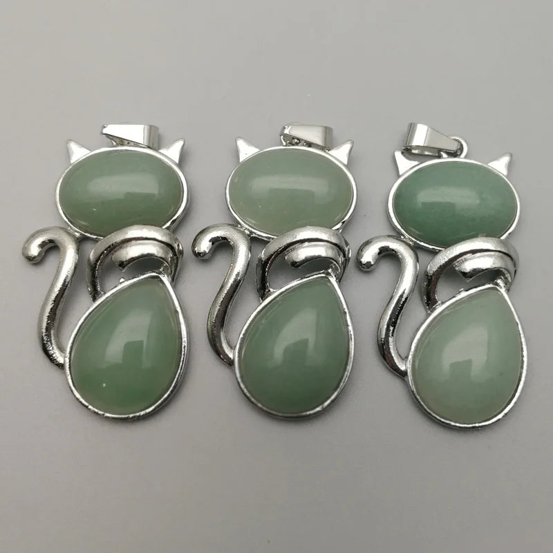 Aventurine Stone Cat Pendant Necklaces Reiki Jewelry
