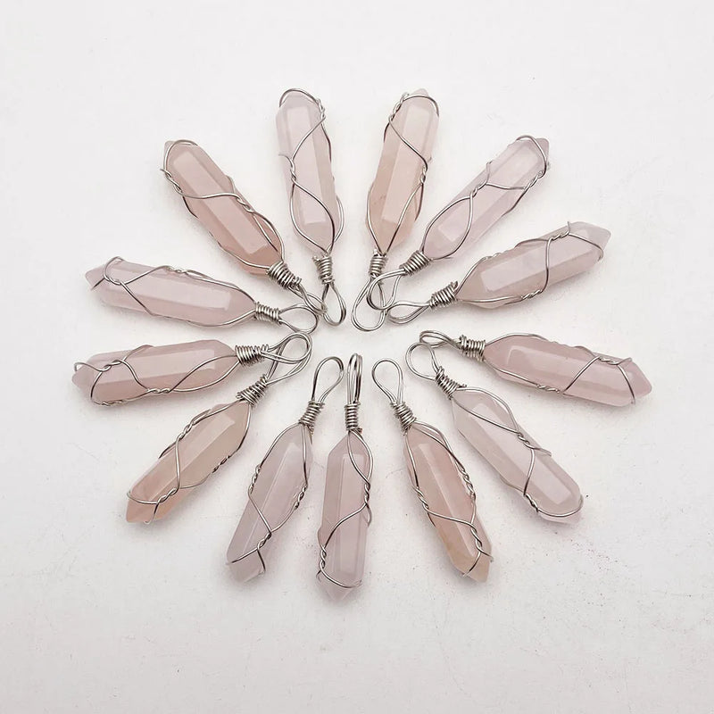 Rose Quartz Stone Crystal Pillar Pendants for Jewelry Making 12pcs/lot