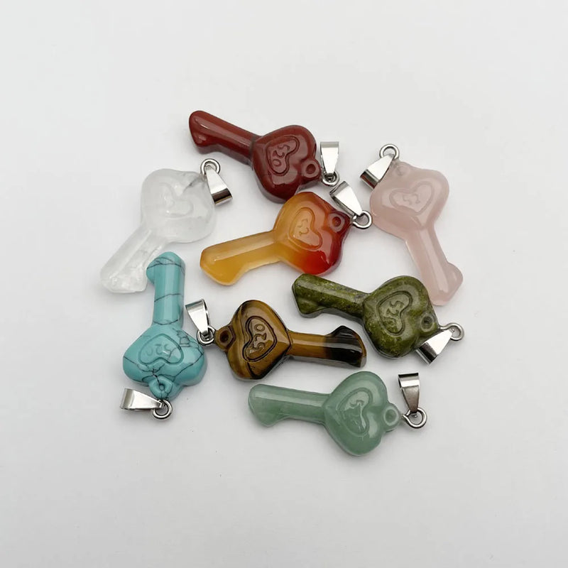 Natural Gem Stone Carving Key Necklace Pendant Jewelry DIY Accessories