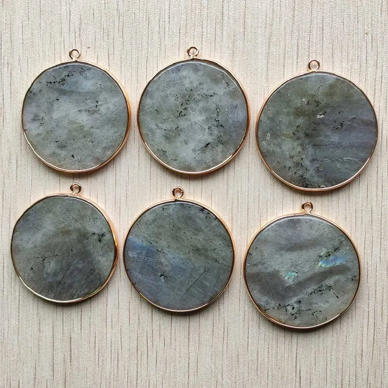 Labradorite Stone Round Side Pendants for Jewelry Making 6pcs