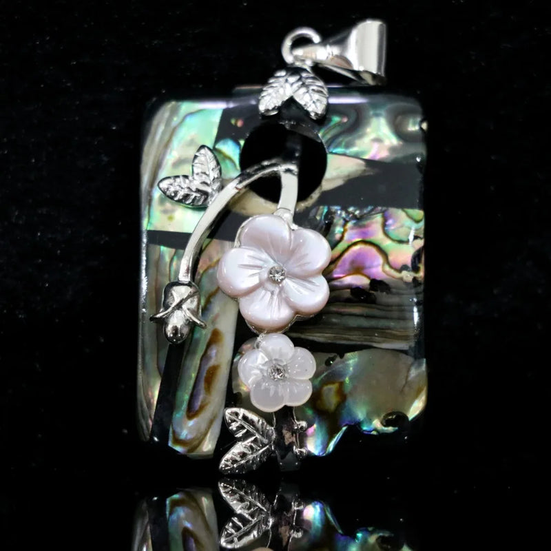 Abalone Shell Carved Flower Pendant 30x44mm Silver Color