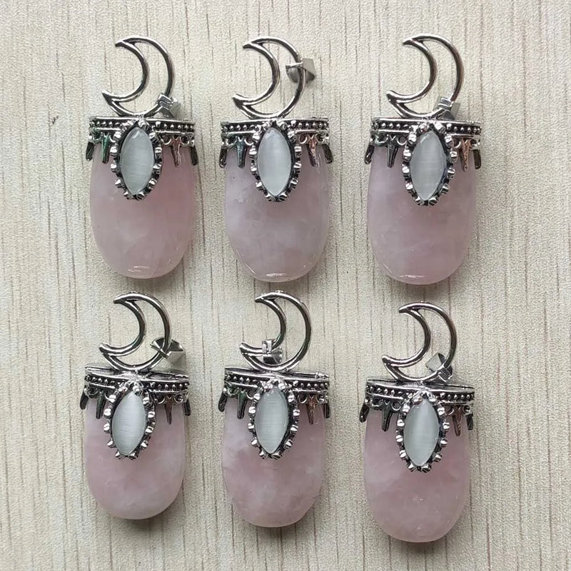 Roses Quartz Stone Silver Moon Pendants for Jewelry Making