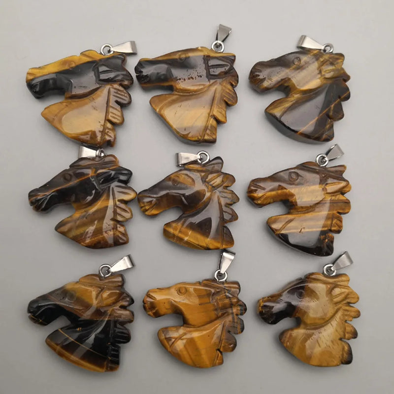 Tiger Eye Carved Horse Heads Charms Pendants 6pcs