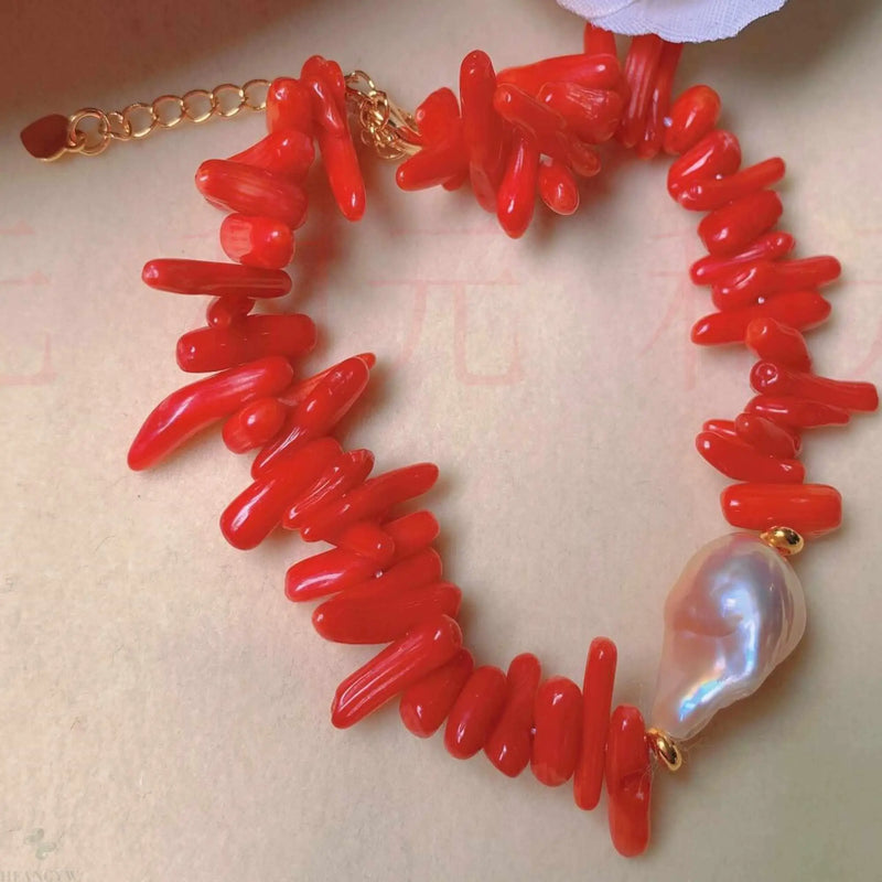 Baroque Pearl Red Coral Bracelet 7 Chakras Emotional Blessing