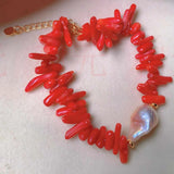 Baroque Pearl Red Coral Bracelet 7 Chakras Emotional Blessing