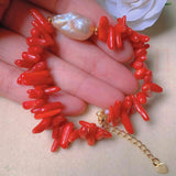 Baroque Pearl Red Coral Bracelet 7 Chakras Emotional Blessing