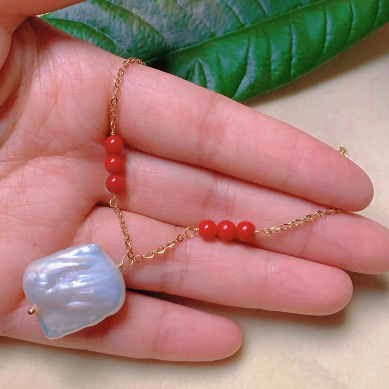 Natural South Red Beads Necklace with Pink Pearl Cubes