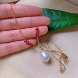 Natural Pearl Red Jadeite Beads Necklace Stone Pink Pendant Necklace Women