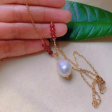 Natural Pearl Red Jadeite Beads Necklace Stone Pink Pendant Necklace Women