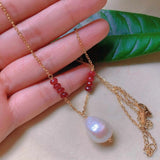 Natural Pearl Red Jadeite Beads Necklace Stone Pink Pendant Necklace Women