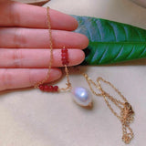 Natural Pearl Red Jadeite Beads Necklace Stone Pink Pendant Necklace Women
