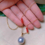 Natural Round Pearl South Red Beads Necklace Green Spiritual Pendant