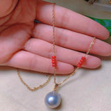 Natural Round Pearl South Red Beads Necklace Green Spiritual Pendant
