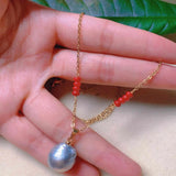 Natural Round Pearl South Red Beads Necklace Green Spiritual Pendant